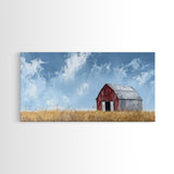 Old Building Farm In A Wheat Field, Framed Canvas Painting Print, Panoramic Rural Landscape Wall Art Rustic Barn Country Side Ready To Hang