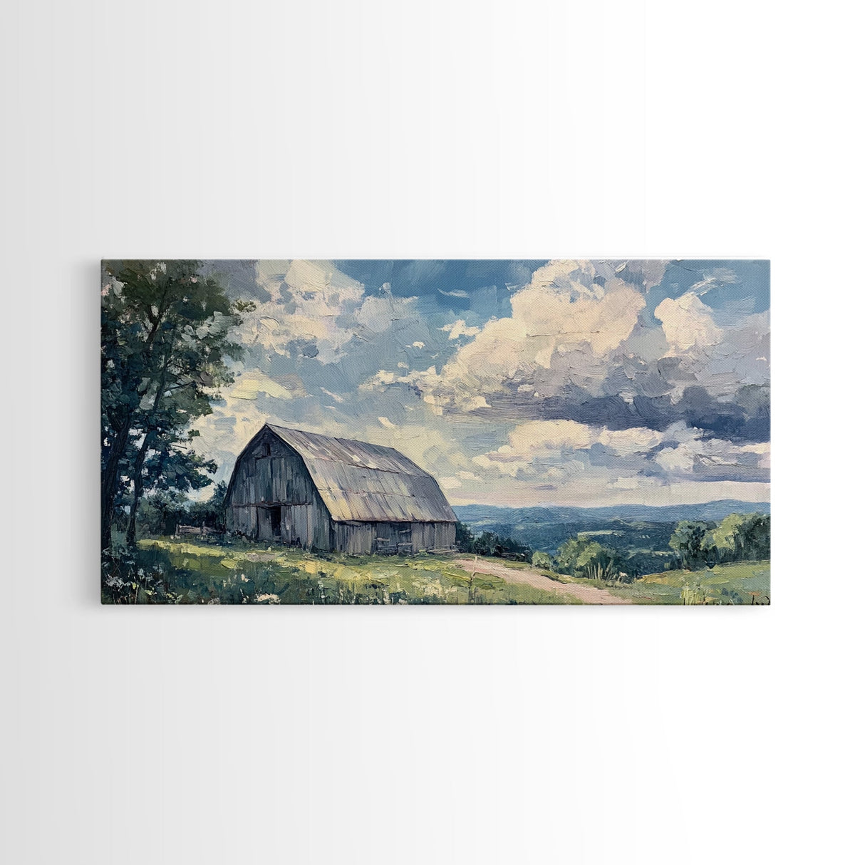 Rustic Old Barn Painting Framed Canvas Print Panoramic Rural Landscape Primitive Art Farmhouse Home Decor Barn Wall Art Ready To Hang