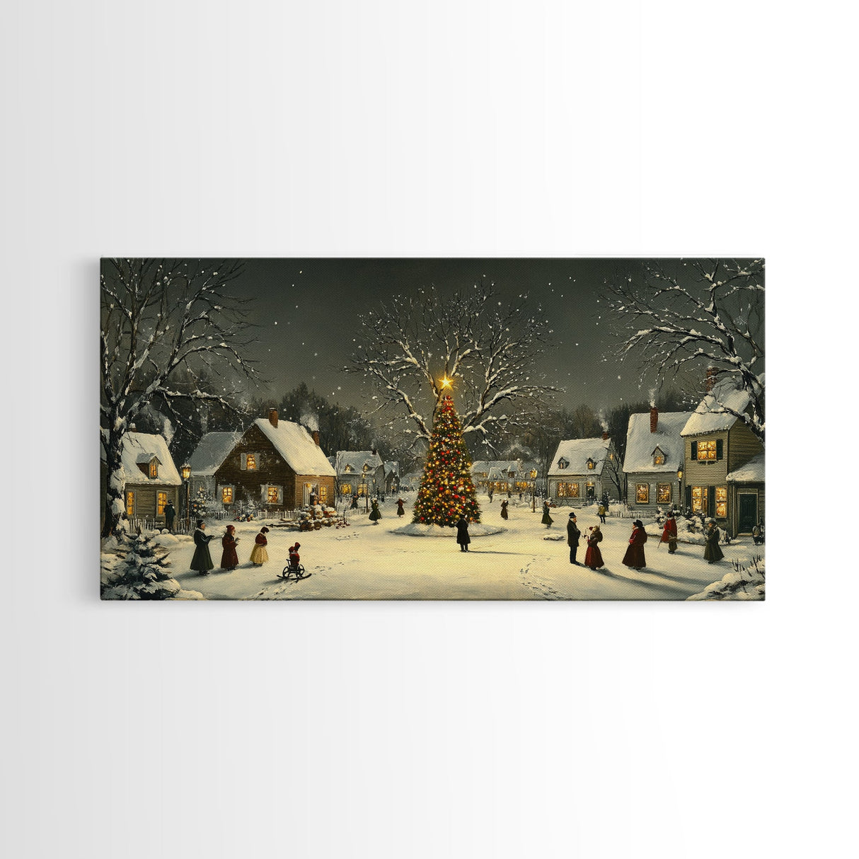 Festive Christmas Village Wall Art Framed Canvas Print, Festive Christmas Street Scene, Cozy Christmas Wall Art, Ready To Hang Xmas Decor