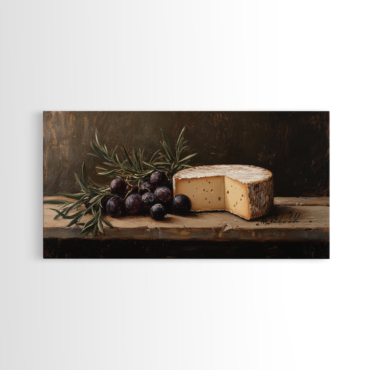 Still Life of FIgs and Cheese - Framed Canvas Print Ready To Hang Wall Art - Oil Painting Of Cheese, Cheese Painting, Kitchen Art