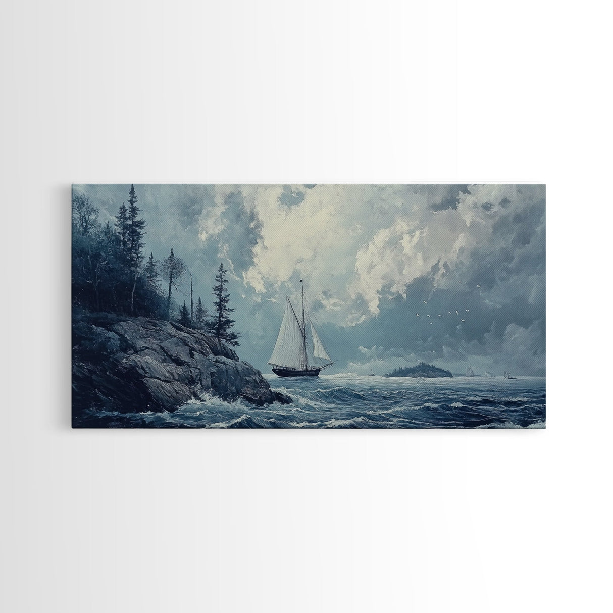 Pirate Ship Off The Coast, Framed Canvas Print, Wood Framed Art, Nautical Decor, Sailboat Painting