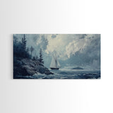 Pirate Ship Off The Coast, Framed Canvas Print, Wood Framed Art, Nautical Decor, Sailboat Painting