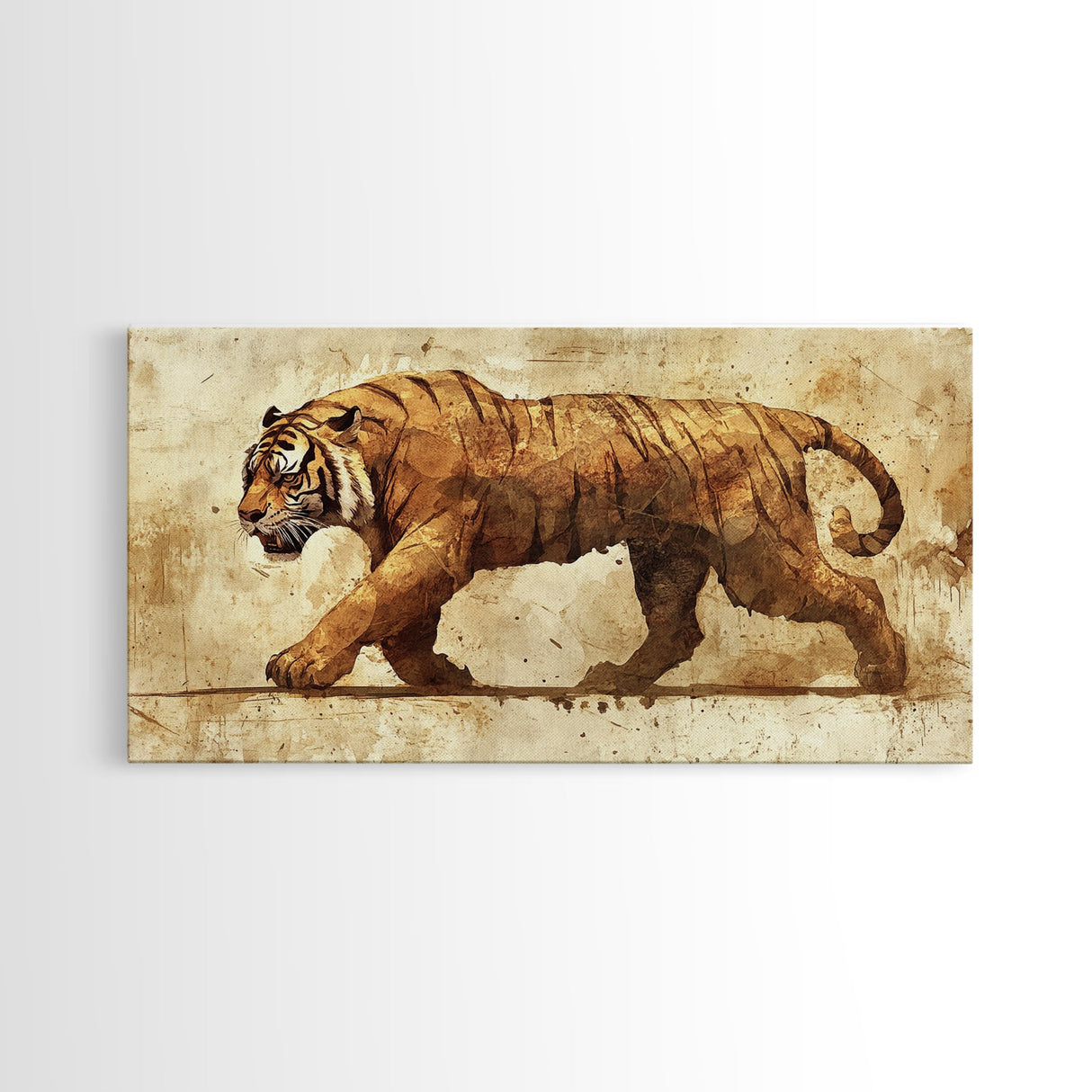 Tiger On The Hunt, Framed Canvas Print, Wabi Sabi Tiger Painting, Elegant Japanese Style Artwork
