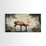 Elk Drinking Water In The Forest, Framed Canvas Print, Nature Art, Rustic Cabin Decor, Modern Farmhouse Wall Art