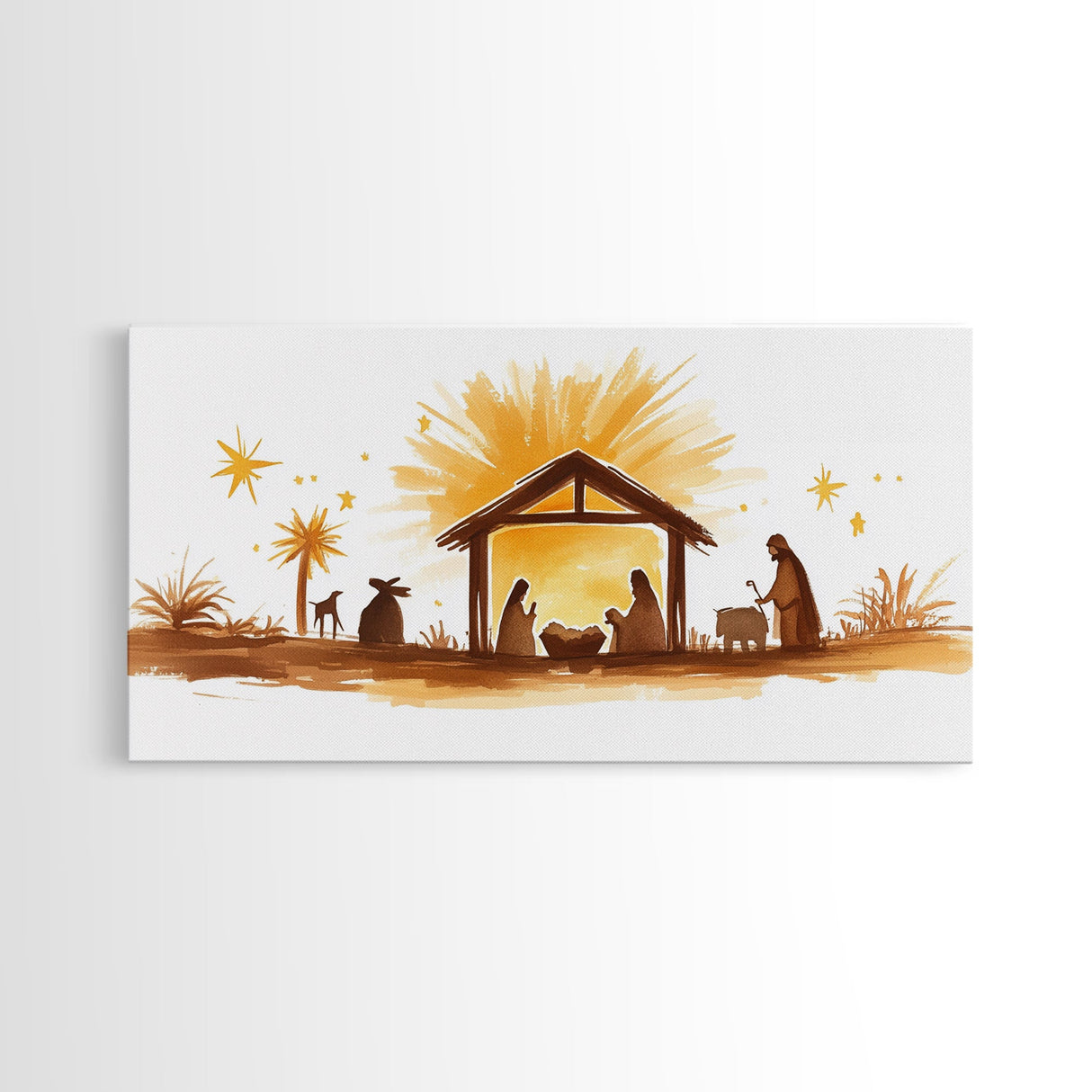 Cute Nativity Watercolor Painting Canvas Print - Framed Wall Art - Ready To Hang - Christmas Nativity Centerpiece Wall Art