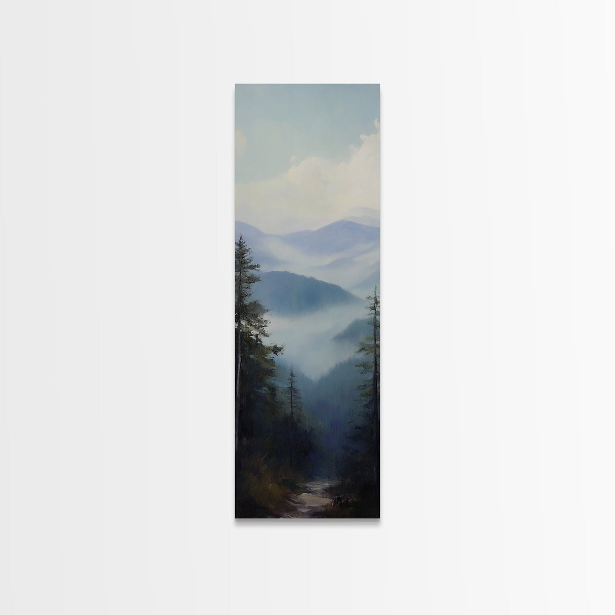 Misty Mountain Fog Framed Canvas Print Peaceful Nature Landscape Painting, Smoky Mountain Art, Above Bed Wall Art, Blue and Green Wall Art, Guest Room Art