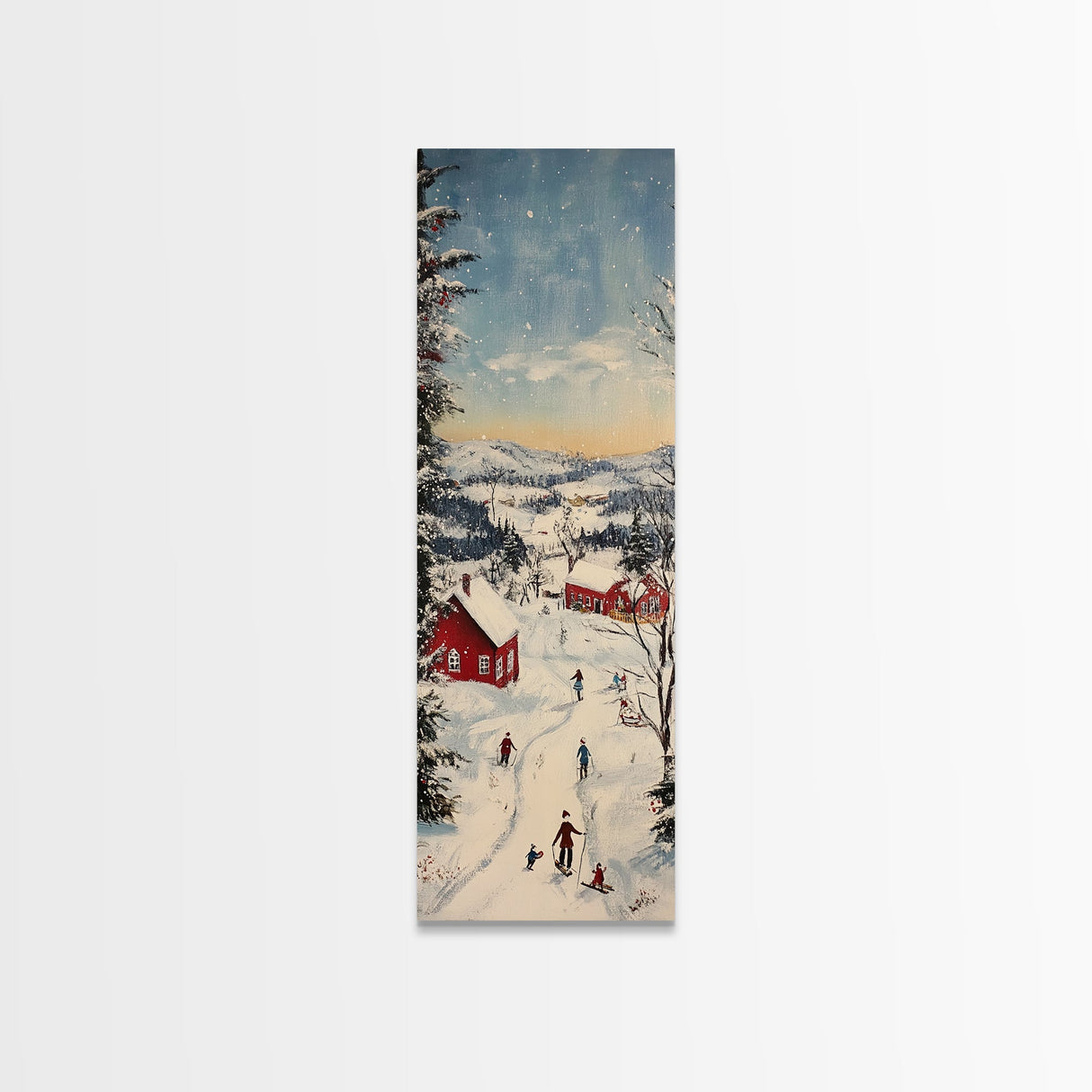 Snowy village painting peaceful Christmas scene framed canvas print, winter wonderland town, cozy holiday decor wall art gift idea