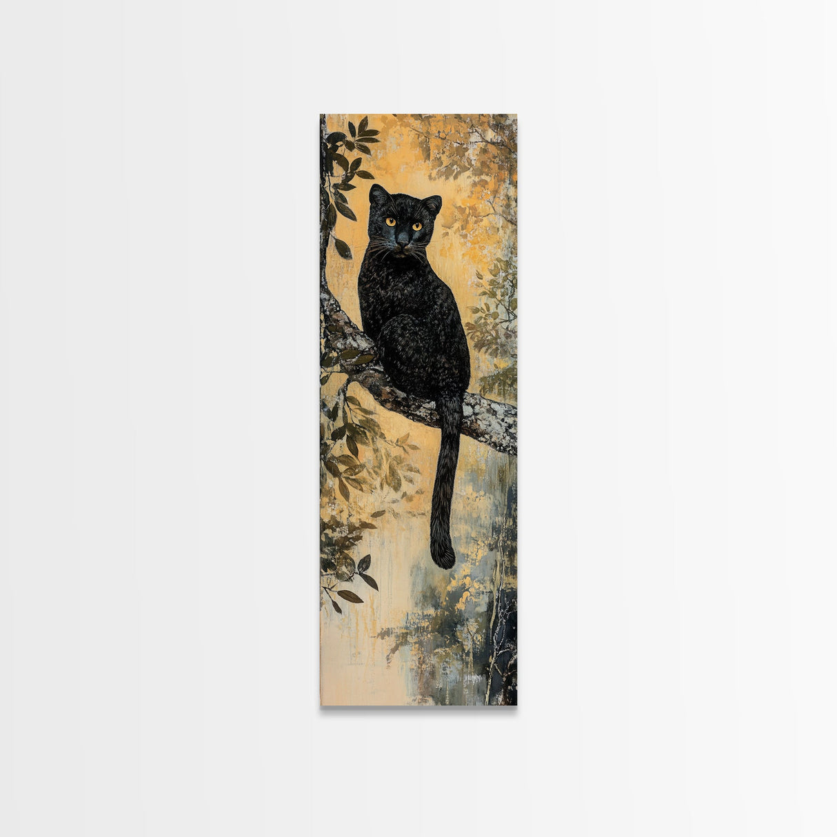 Framed Canvas Print of Black Panther on Tree Branch, Fall Animal Art, Boho Decor, Rustic Nature Art, Tall Skinny Wall Art, Living Room Piece