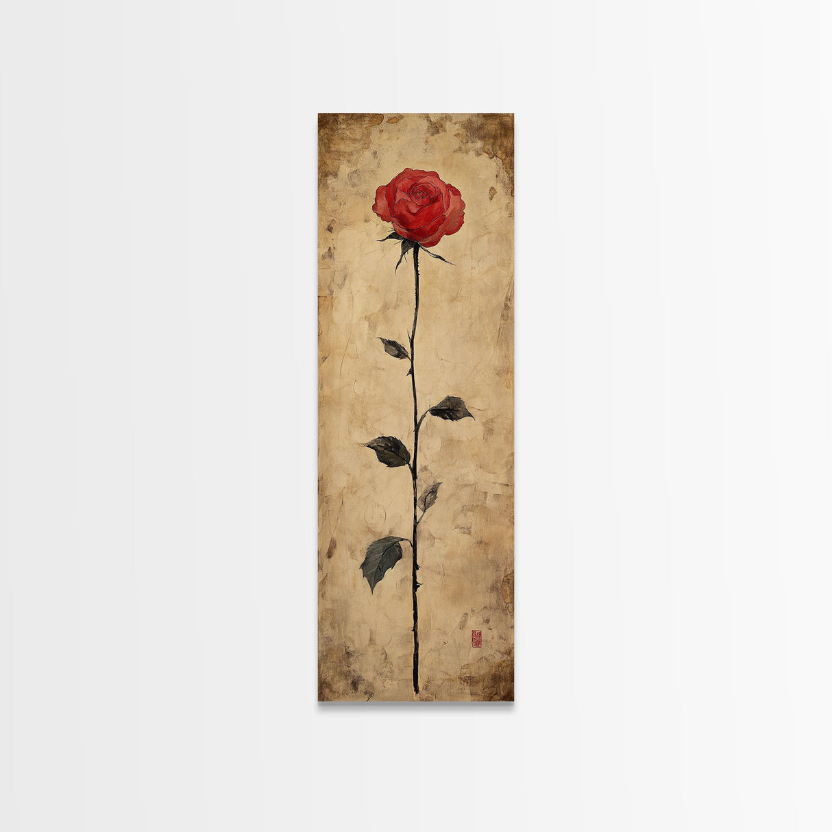 Framed Canvas Print of Elegant Red Rose, Botanical Art, Rustic Wall Art, Gift Idea, Minimalist Nature Art, Above Bed Wall Art