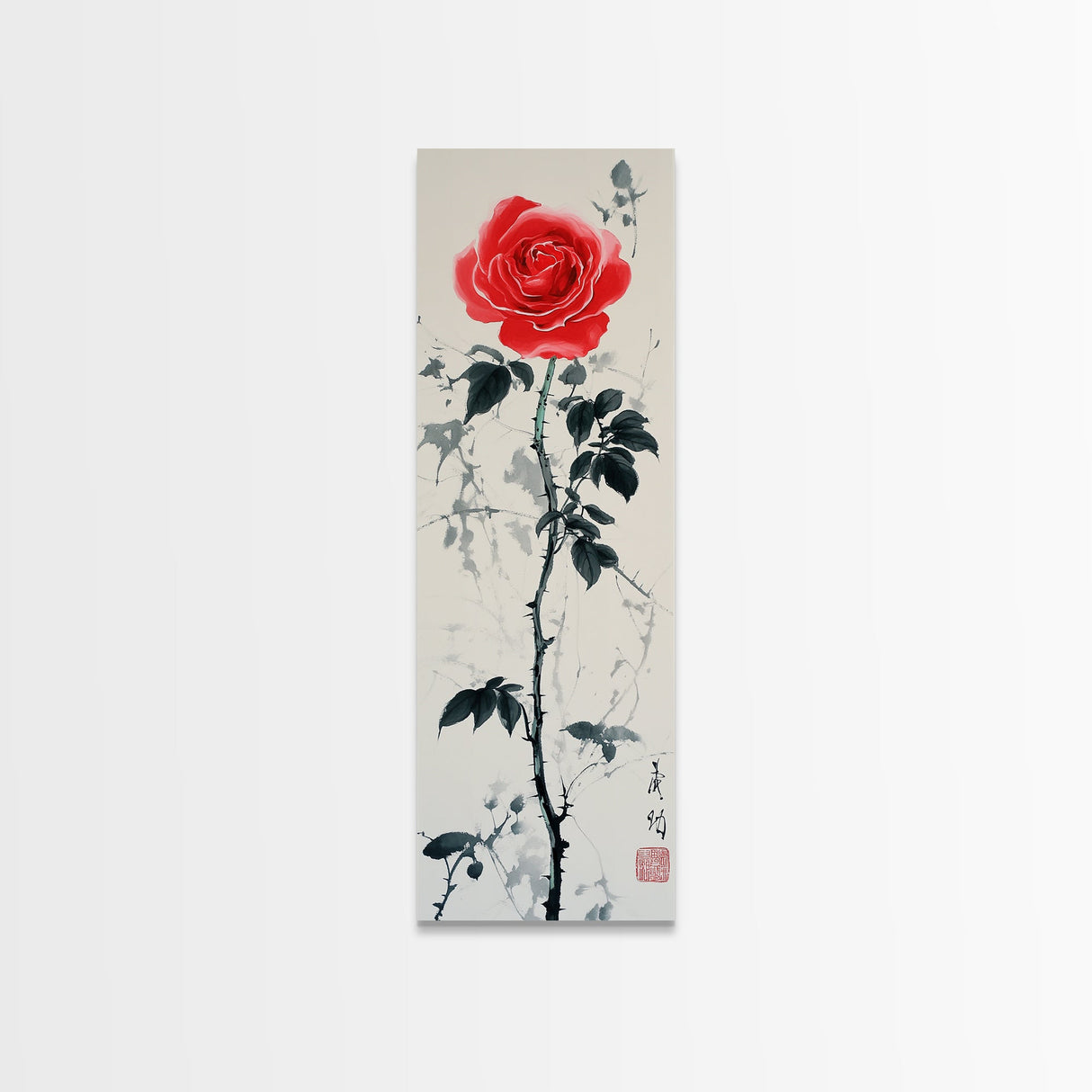 Canvas Print of Asian Style Red Rose, Art Nouveau Print, Botanical Art, Above Sofa Decor, Elegant Home Decor, Floral Wall Art