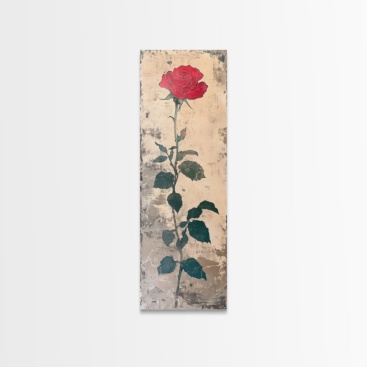 Red Rose Art Print Canvas Print, Japanese Inspired Rose Painting, Long Narrow Wall Art, Tall Skinny Art, Framed Canvas Print, Boho Wall Art