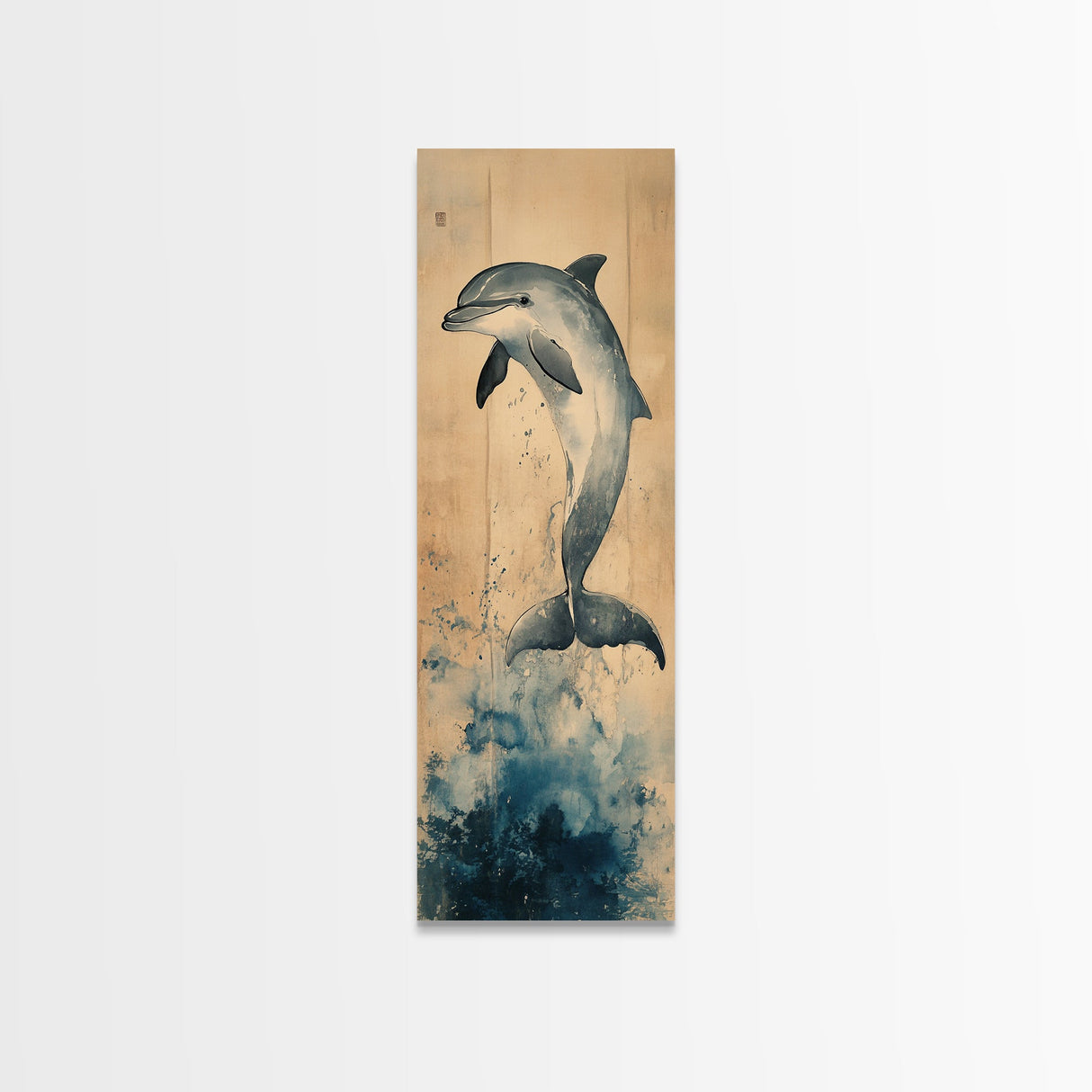 Framed Canvas Print Blue Dolphin Painting Coastal Nautical Wall Art, Beach-Inspired Above Bed Art, Boho Coastal Living Room Decor, Gift Him
