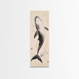 Minimalist Whale Ink Art Depicting Graceful Humpback Whale – Elegant Black and White Framed Canvas Print for Nautical or Coastal Decor
