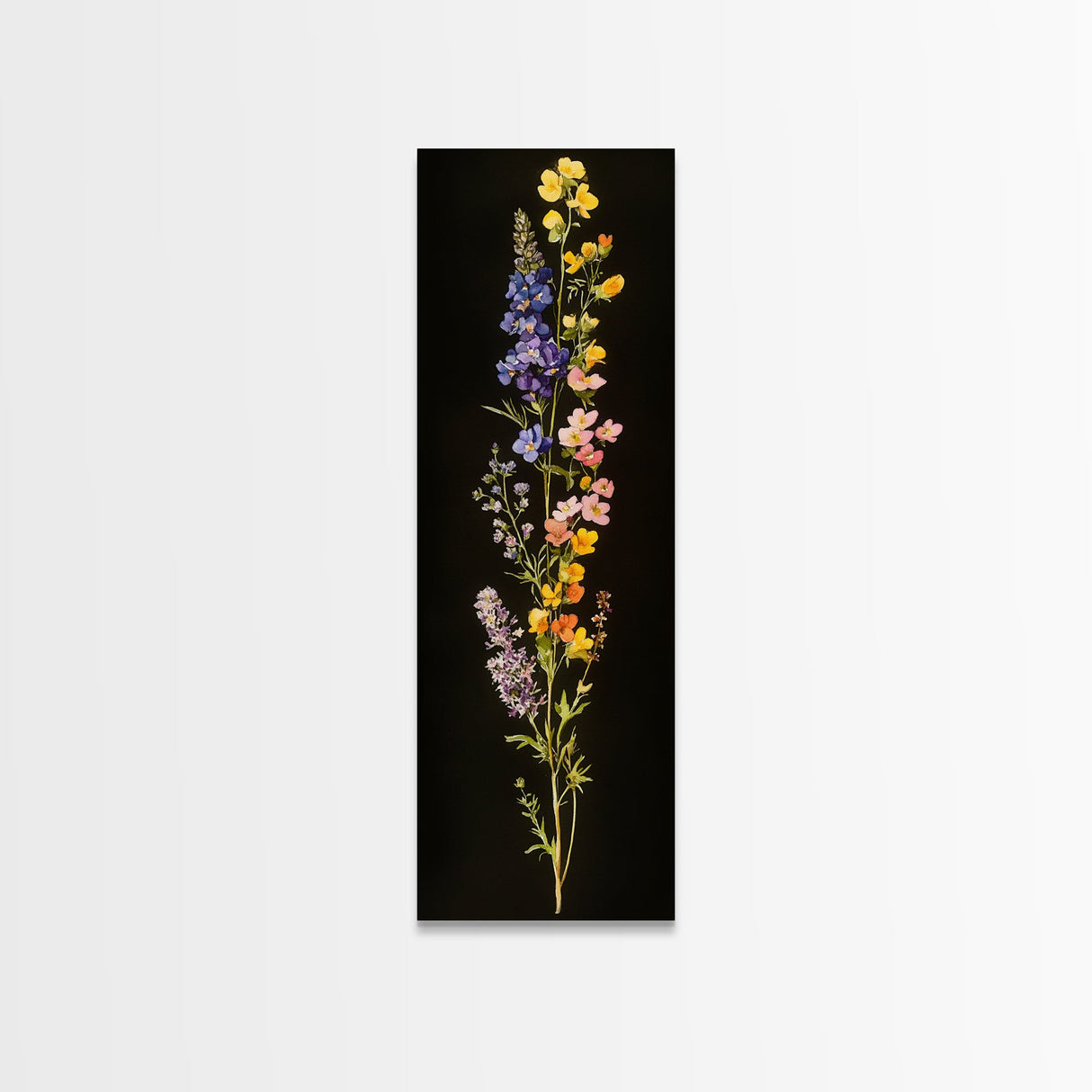 Elegant Wildflower Botanical Art - Framed Canvas Print Featuring Vertical Array of Vibrant Blooms on Dark Background