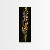 Elegant Wildflower Botanical Art - Framed Canvas Print Featuring Vertical Array of Vibrant Blooms on Dark Background