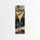 Realistic Martini Glass with Olives, Classic Cocktail Art, Bar Scene Canvas Print, Retro Kitchen Decor, Olive Martini Painting