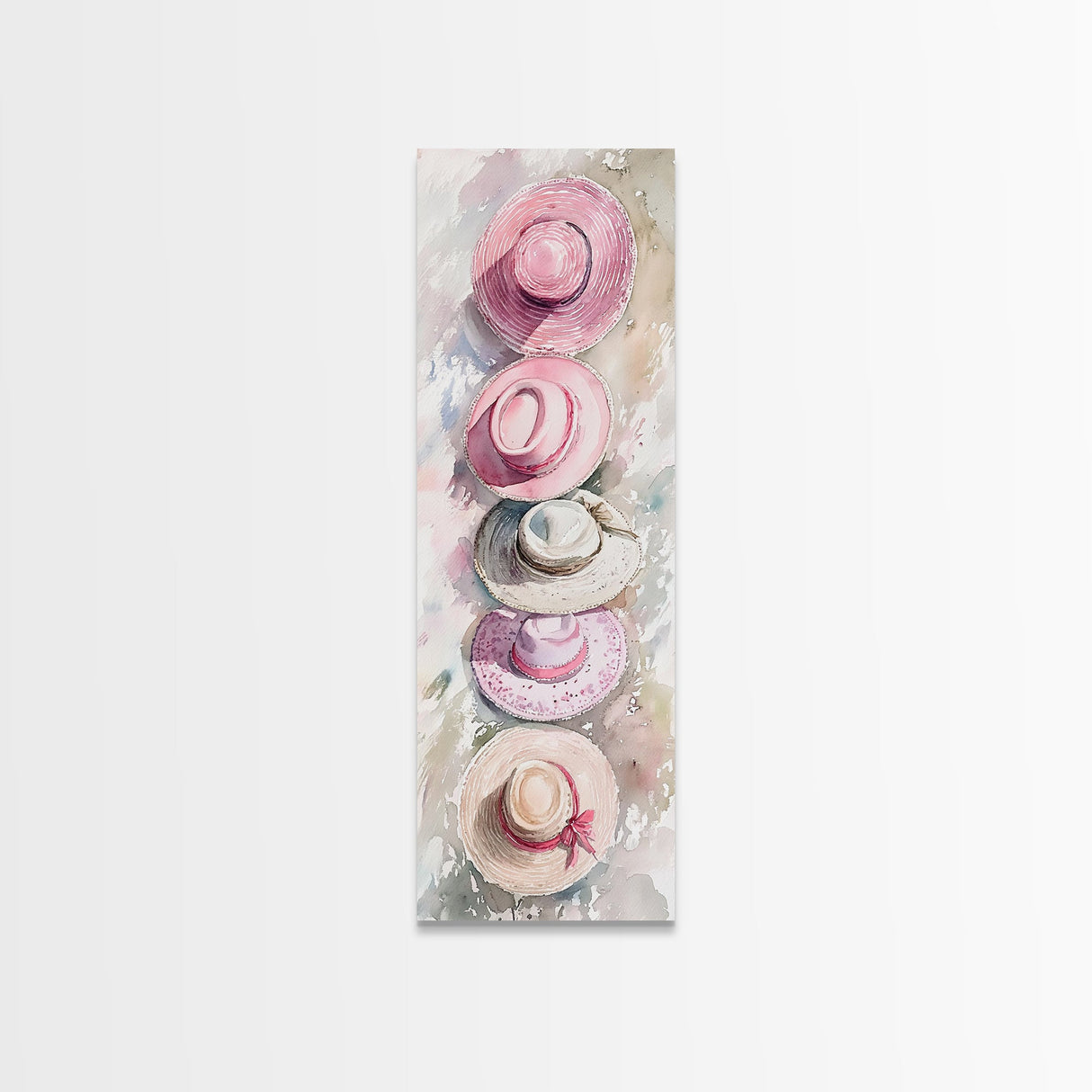 Summer Hats Canvas Print, coastal cowgirl wall art with pastel pink and beige hat patterns, rustic vertical wall art for living spaces.