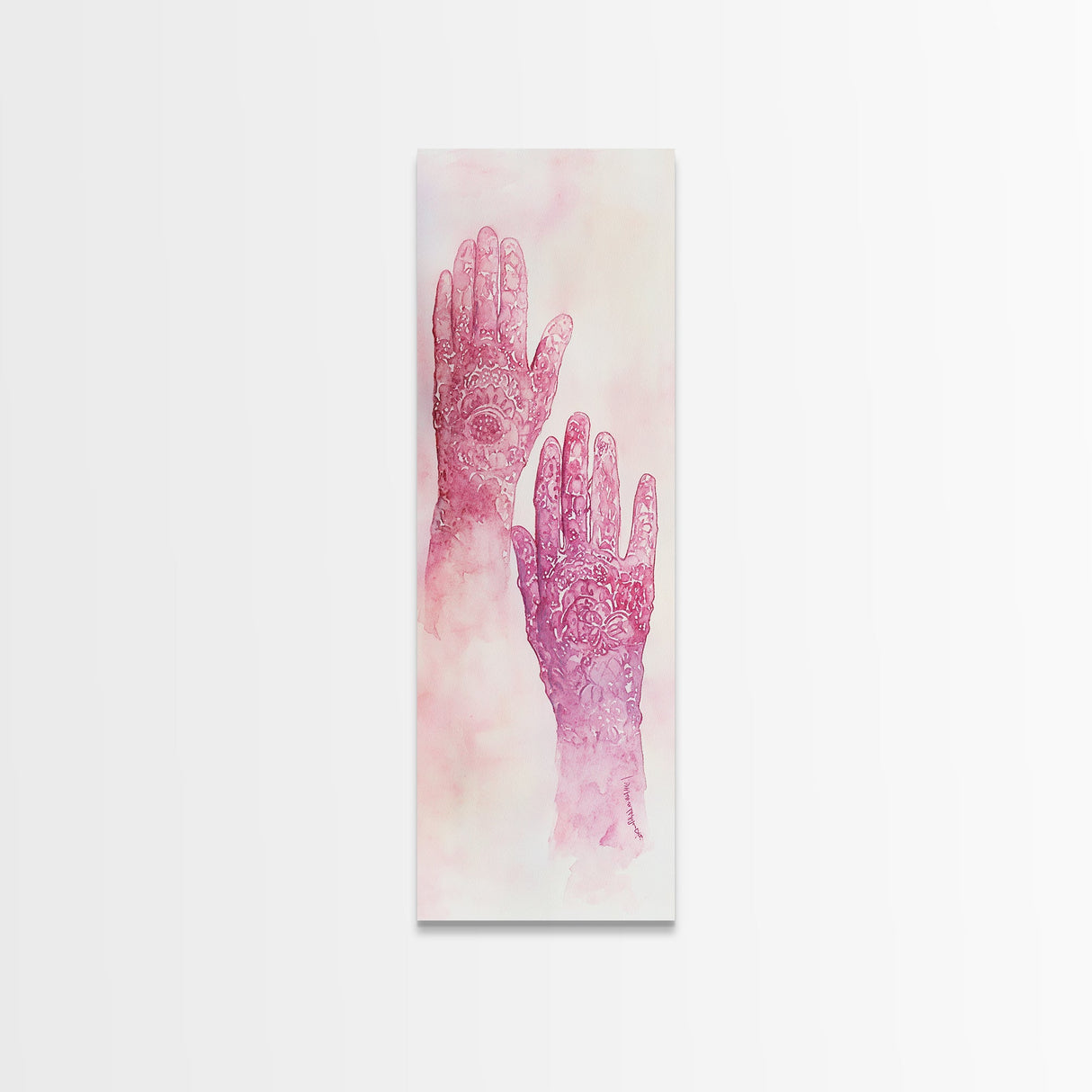 Intricate Henna Hands Painting Framed Canvas Print Featuring Unique Pink Wall Art with Subtle Geometric Design Therapy Art Theme