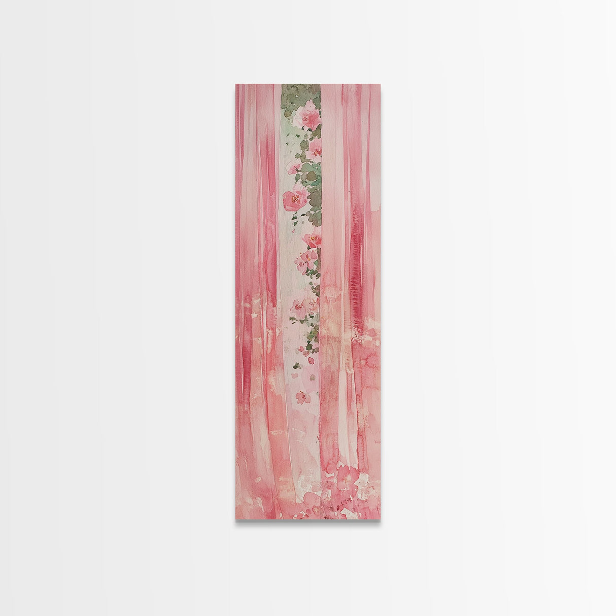Pink Floral Curtains Framed Canvas Print Whimsical Art Light Pink Wall Art Vertical Wall Art Minimalist Art Rustic Decor Gift