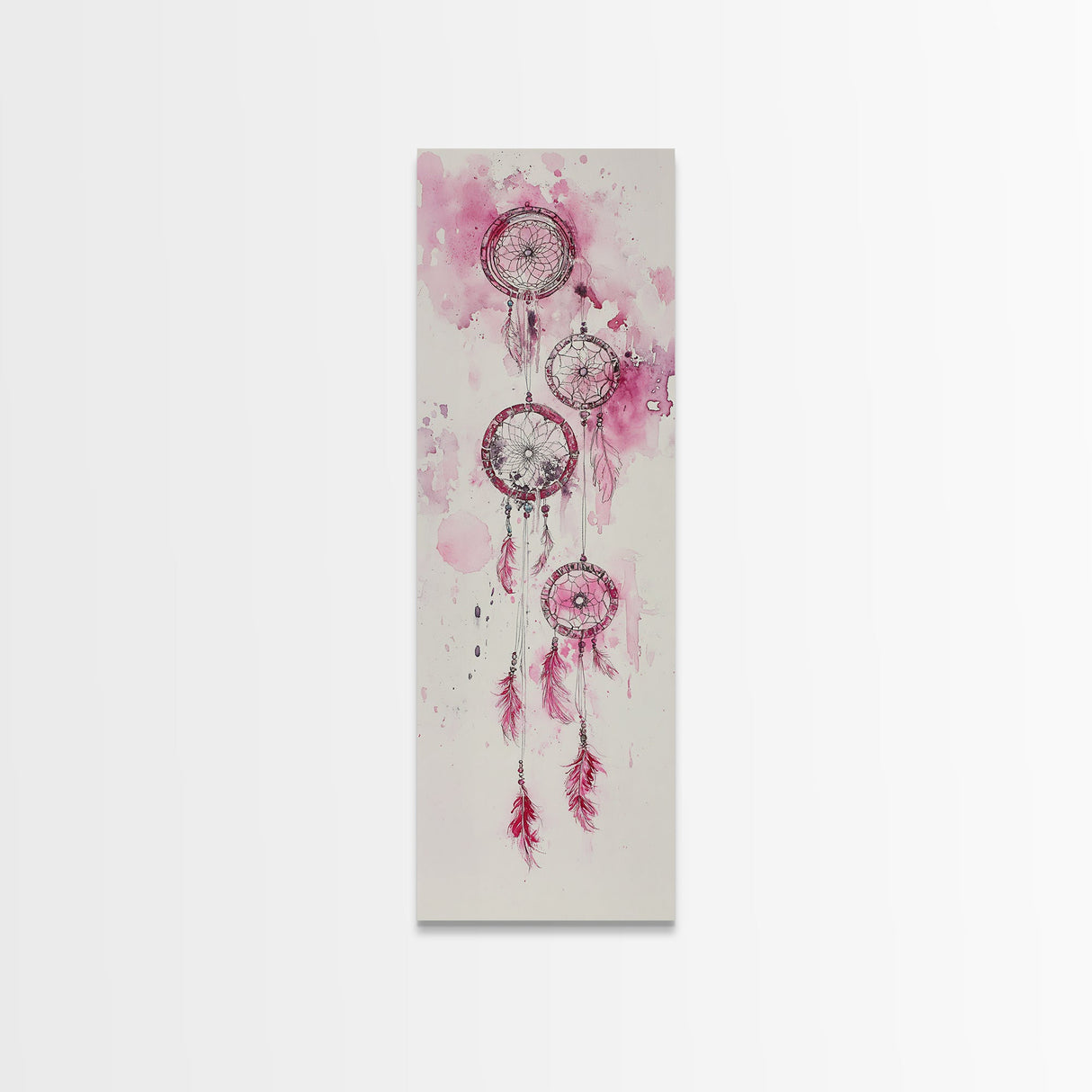 Dreamcatcher Pink Feathers Framed Canvas Print Boho Wall Art Minimalist Long Narrow Art Bedroom Decor Vertical Dorm Wall Art