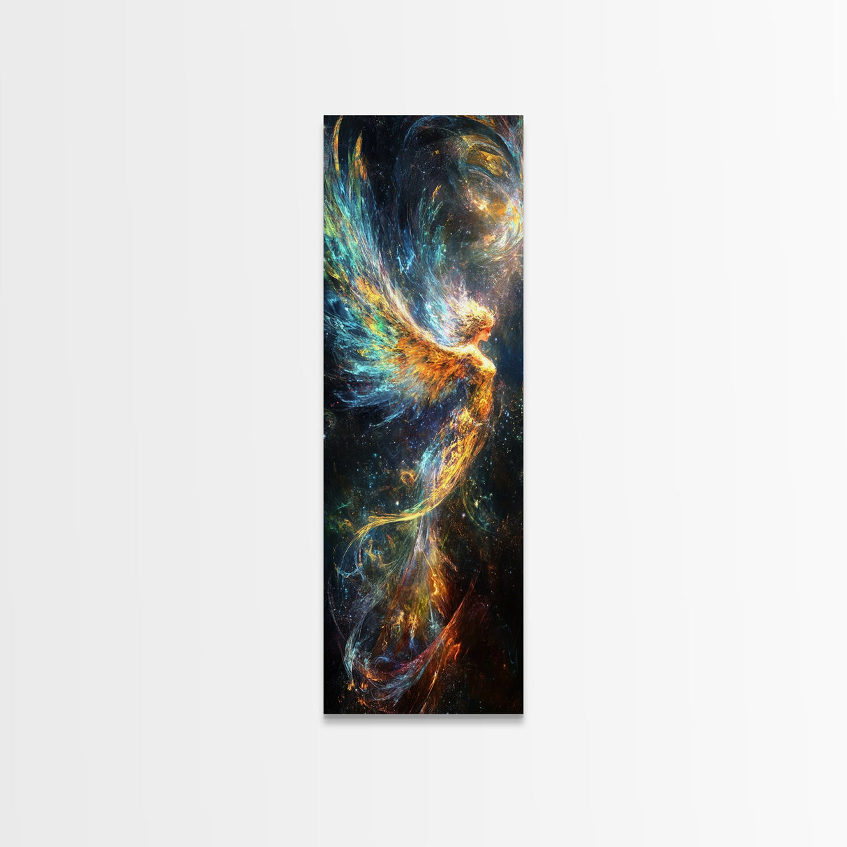 Ethereal Golden Angel Framed Canvas Print with Starlit Background, Angel Art Prints, Boho Art, Bedroom Art, Living Room Art, Vertical Wall Art