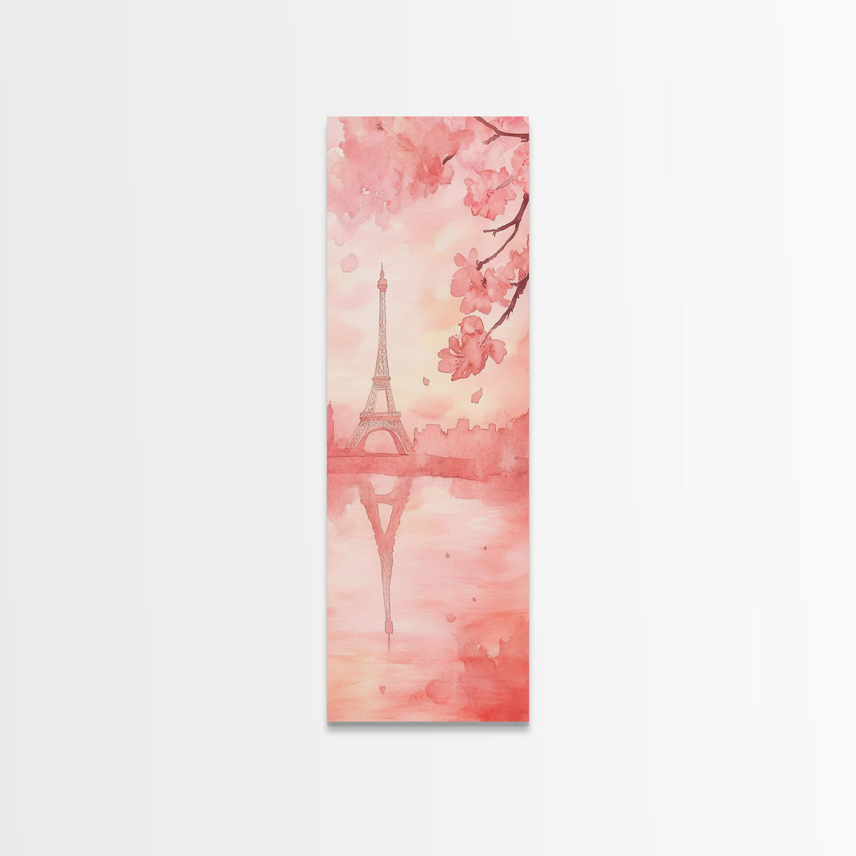 Eiffel Tower Reflection Pink Cherry Blossom Canvas Print Paris Wall Art Romantic Landscape Long Narrow Above Bed Vertical Art
