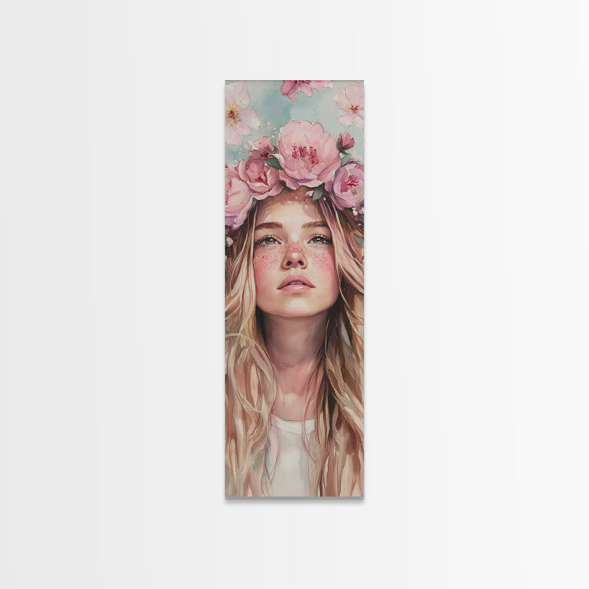 Floral Goddess Portrait Canvas Print Cherry Blossom Painting Feminine Art Bedroom Decor Light Pink Vertical Artwork Boho