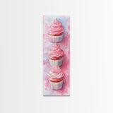 Pink Cupcake Trio Canvas Print, Whimsical Kitchen Art, Rustic Light Pink Wall Art, Food Review Vertical Artwork, Gift Idea For Her