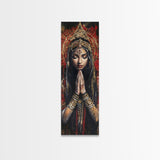 Goddess Prayer Painting Framed Canvas Print, Kerala Mural Art with Rich Red and Gold, Dark Angels Wall Art for Boho Bedroom Decor