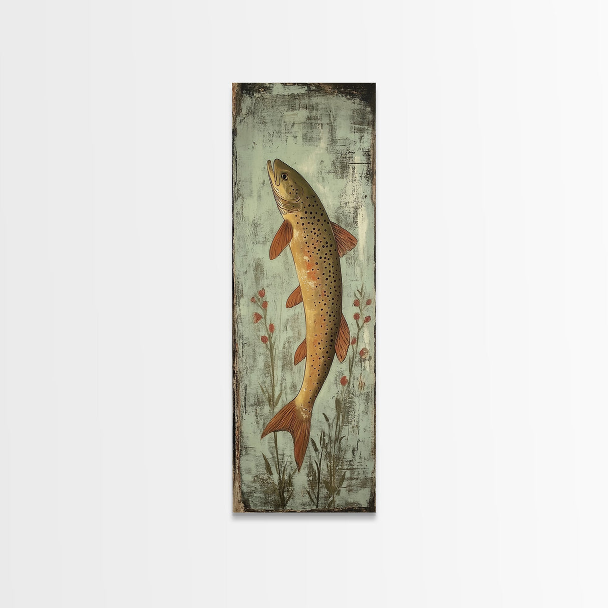 Trout Art Rustic Framed Canvas Print Skinny Vertical Art Fly Fishing Art Rustic Decor Tall Narrow Art Guest Room Wall Decor
