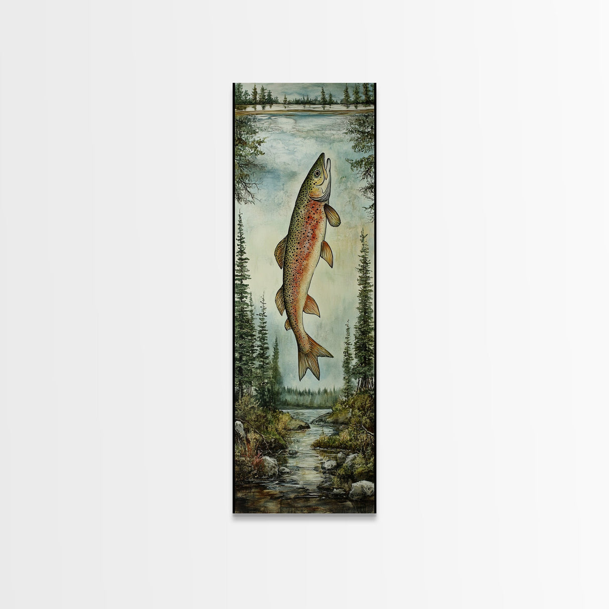 Trout In Mountain Scene Framed Canvas Print Rustic Landscape Art Fly Fishing Wall Art Skinny Wall Art Tall Vertical Decor