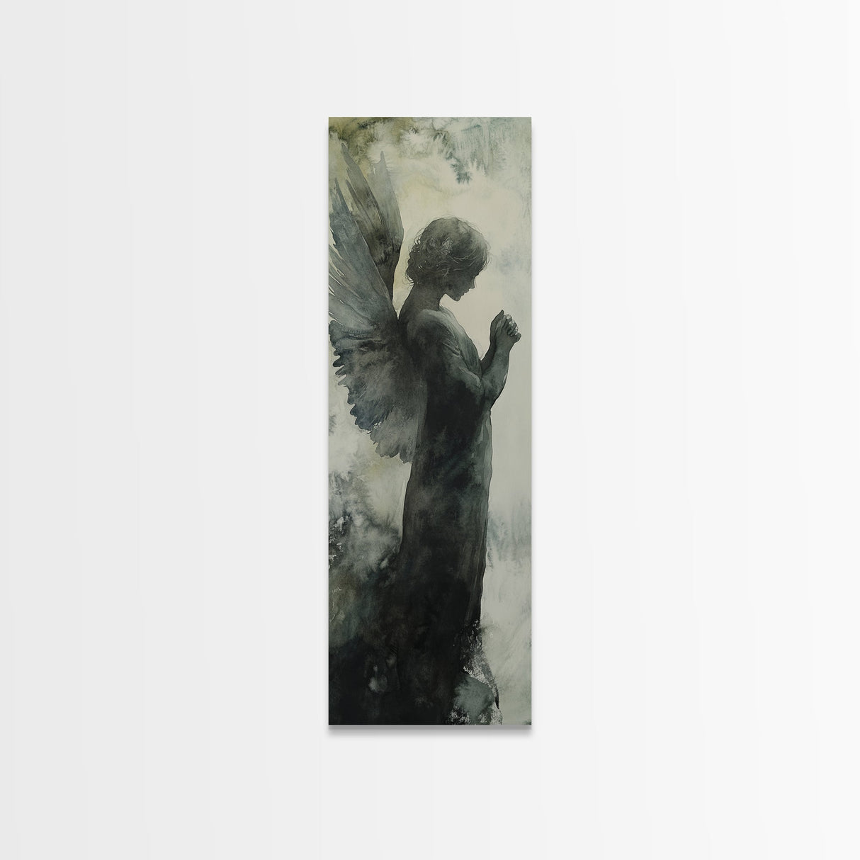 Watercolor Angel Canvas Print with Elegant Moody Design, Dark Angels Wall Art Gift Idea, Vertical Bedroom Zen Art Piece