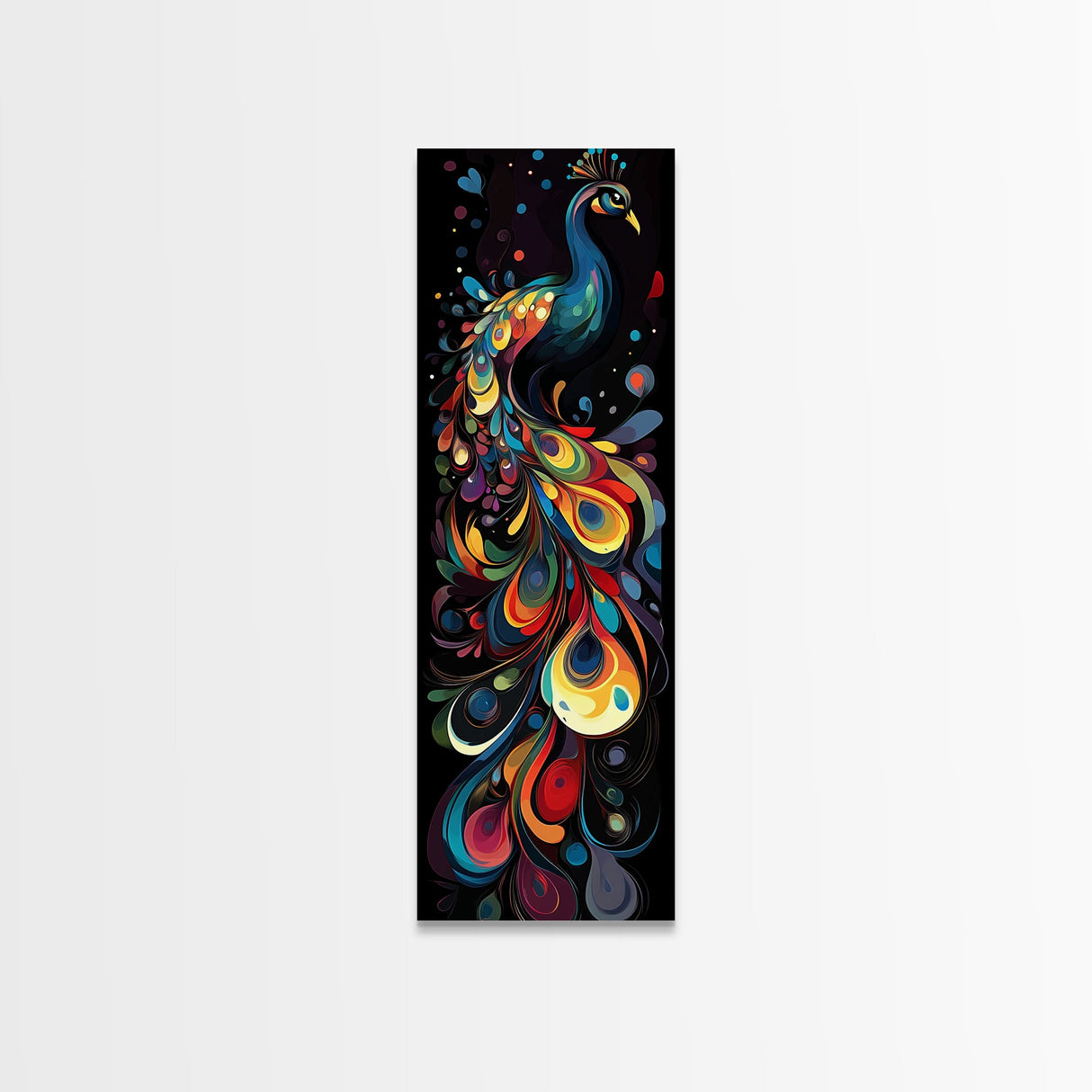 Dynamic Peacock Framed Canvas Print with Swirling Colors, Vibrant Bird Art Perfect Vertical Wall Art and Boho Home Decor Accent