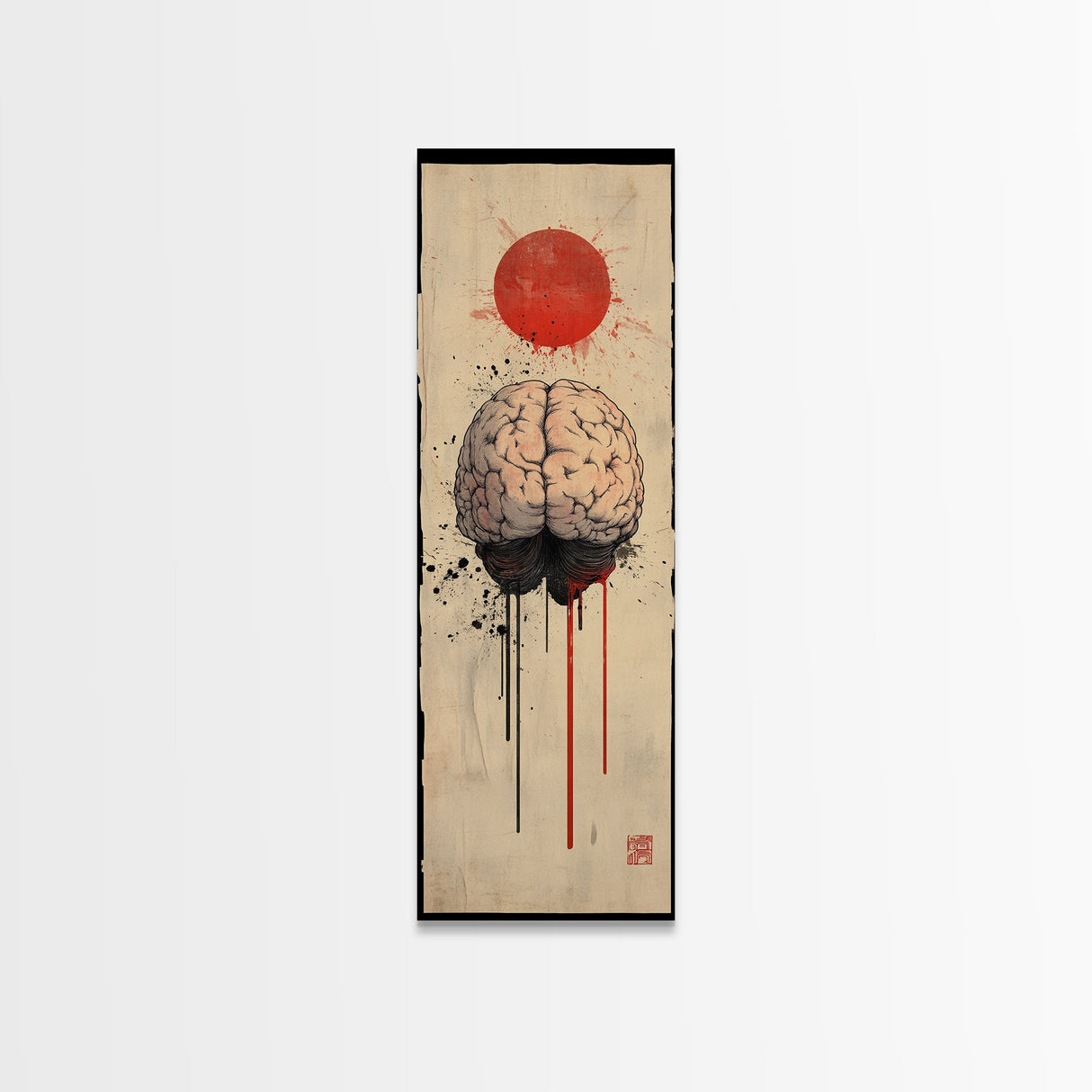 Red Sun Brain Framed Canvas Print, Abstract Science Wall Art, Moody Therapy Artwork, Vertical Wabi Sabi Decor, Living Room Art