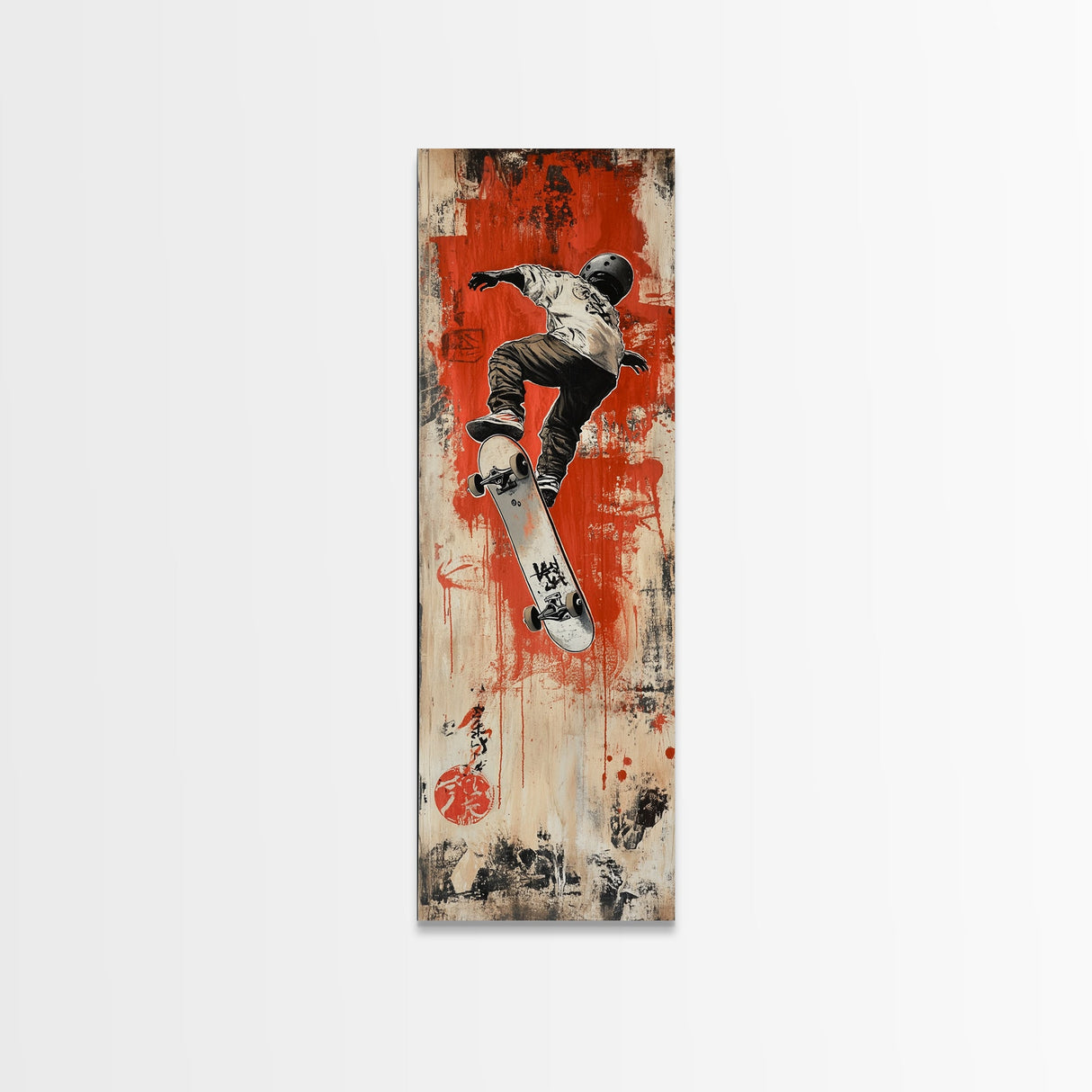 Skateboarder Canvas Print, Red and Black Urban Wall Art, Graffiti Inspired Vertical Artwork, Gift Idea for Living Room or Teen Bedroom