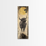 Modern Bull Artwork Framed Canvas Print, Rustic Animal Wall Art, Farmhouse Decor, Vertical Skinny Art, Pine Tree Moonlight Scene