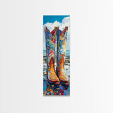 Vibrant Western Boots Framed Canvas Print, Coastal Cowgirl Artwork, Farmhouse Rustic Decor, Bright Living Room Vertical Art