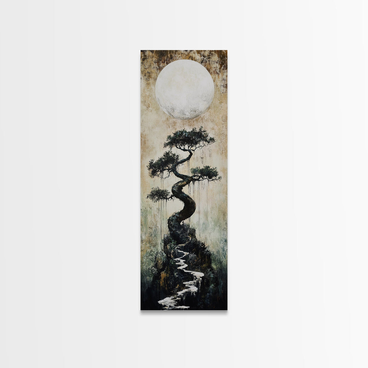 Mystical Moon and Bonsai Canvas Print Zen Wall Art Serene Wabi Sabi Decor Minimalist Nature Artwork Vertical Framed Artwork