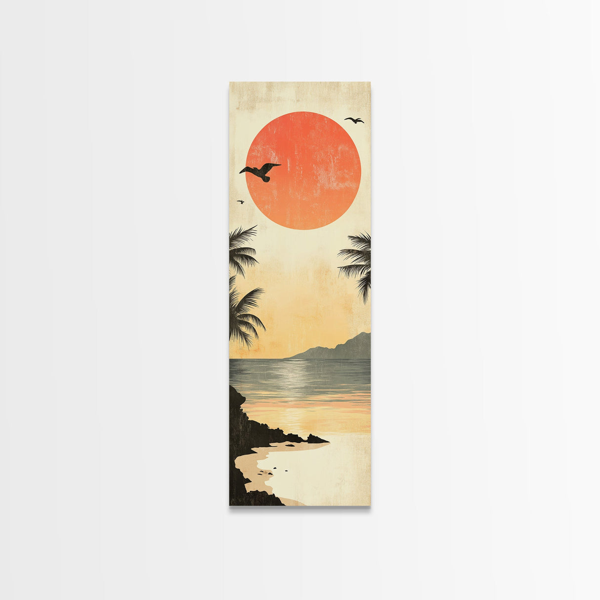 Seagulls At Sunset Beach Framed Canvas Print | Coastal Wall Art | Tropical Landscape Art | Nautical Painting | Living Room Decor