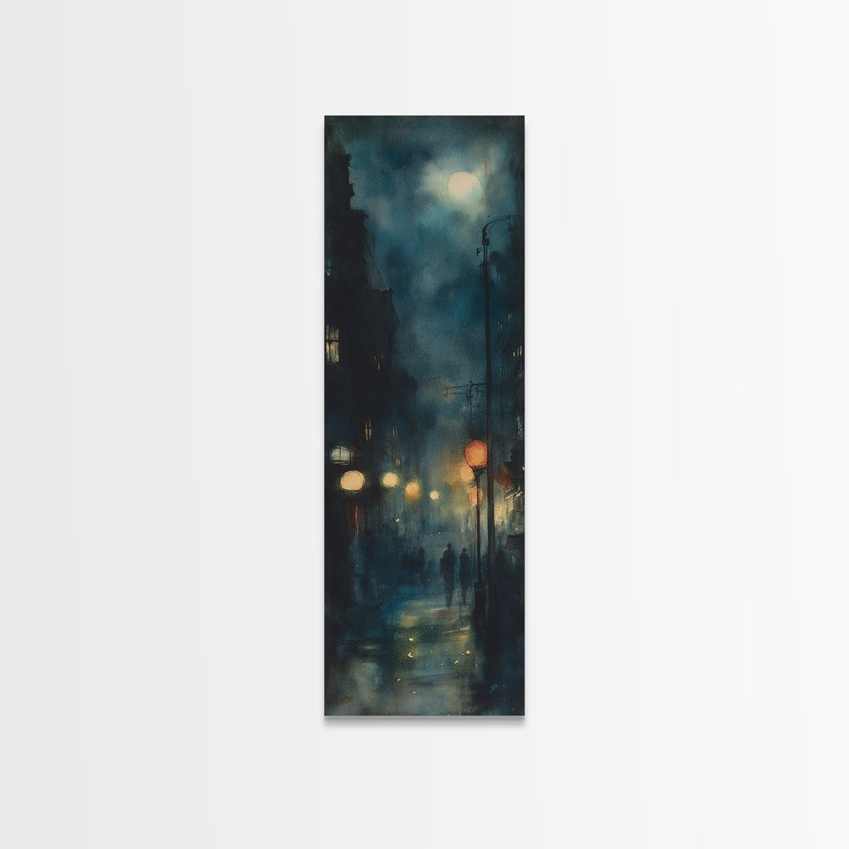 Moody Night Street Scene Framed Canvas Print | Vertical Wall Art | Moody Art | Living Room Art | Gift Idea Him | Urban Nightscape