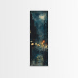 Moody Night Street Scene Framed Canvas Print | Vertical Wall Art | Moody Art | Living Room Art | Gift Idea Him | Urban Nightscape