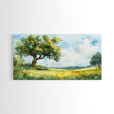Sunny Meadow Elegance Canvas Print Featuring Oak Tree Art and Wildflower Painting Rustic Decor for Living Room Wall Art