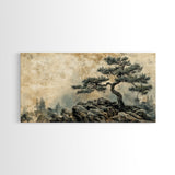 Pine Tree on Rocks Canvas Print Rustic Wall Art Wabi Sabi Minimalist Artwork Zen Art Bedroom Decor Horizontal Landscape Painting