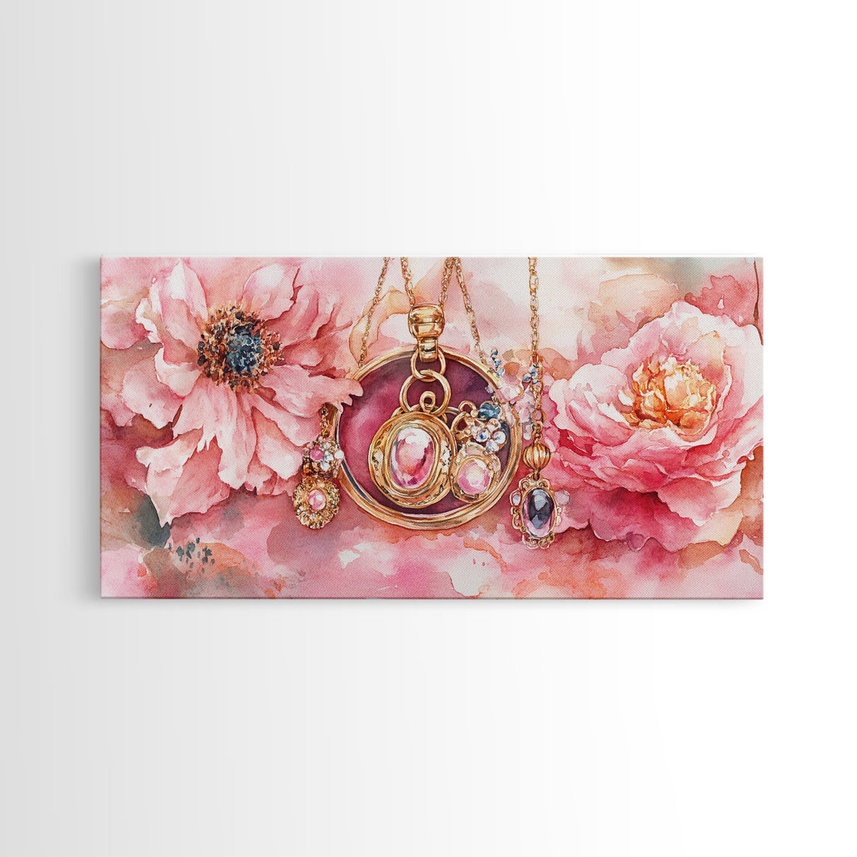 Pink Gemstone Jewelry Canvas Print, Feminine Elegant Artwork, Glamorous Rose Painting, Living Room Wall Art, Unique Decorative Gift
