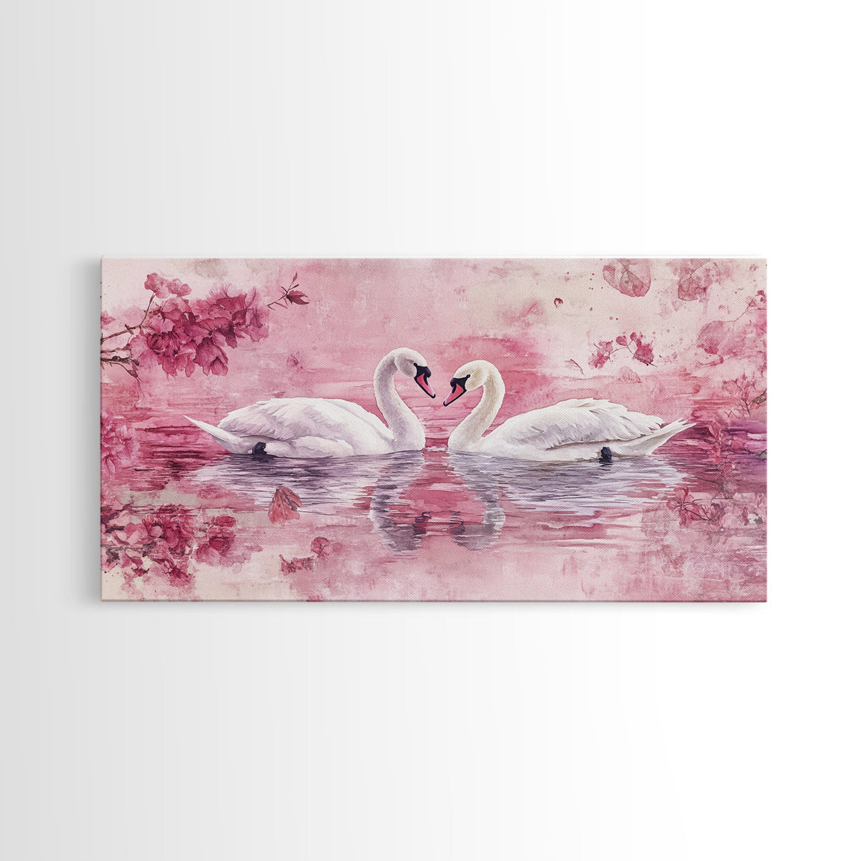 Swan Reflection Watercolor Framed Canvas Print, Romantic Wildlife Art, Cherry Blossom Wall Art, Rustic Farmhouse Decor, Bedroom Art