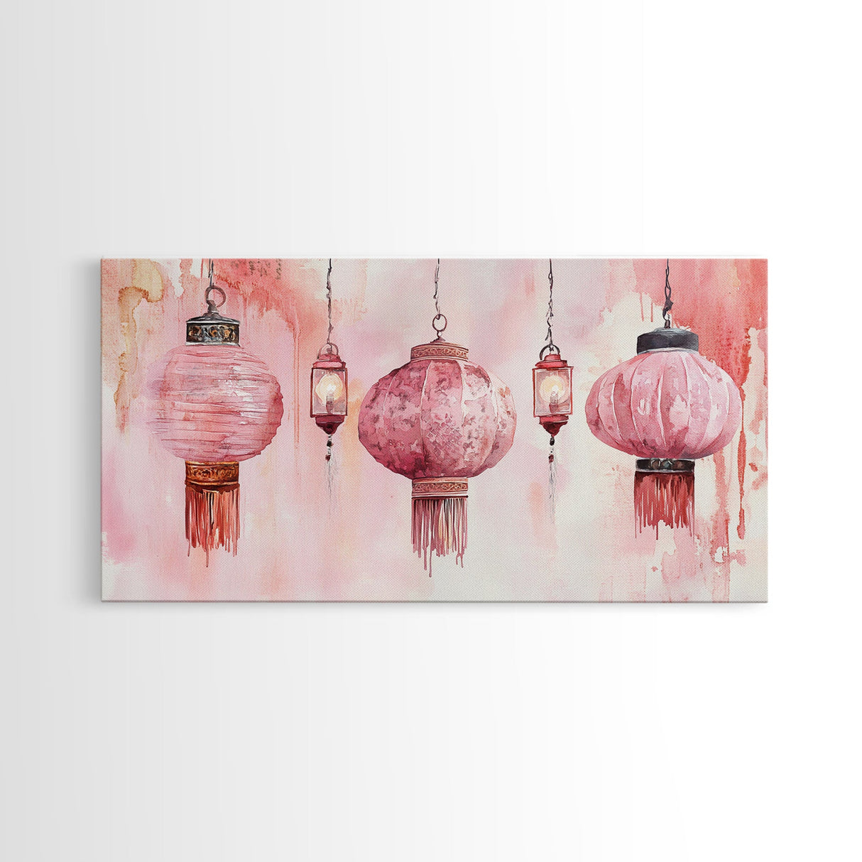 Pink Lanterns Canvas Print Chinoiserie Wall Art Moroccan Wall Art Whimsical Art Living Room Art Rustic Decor Fall Gift Idea