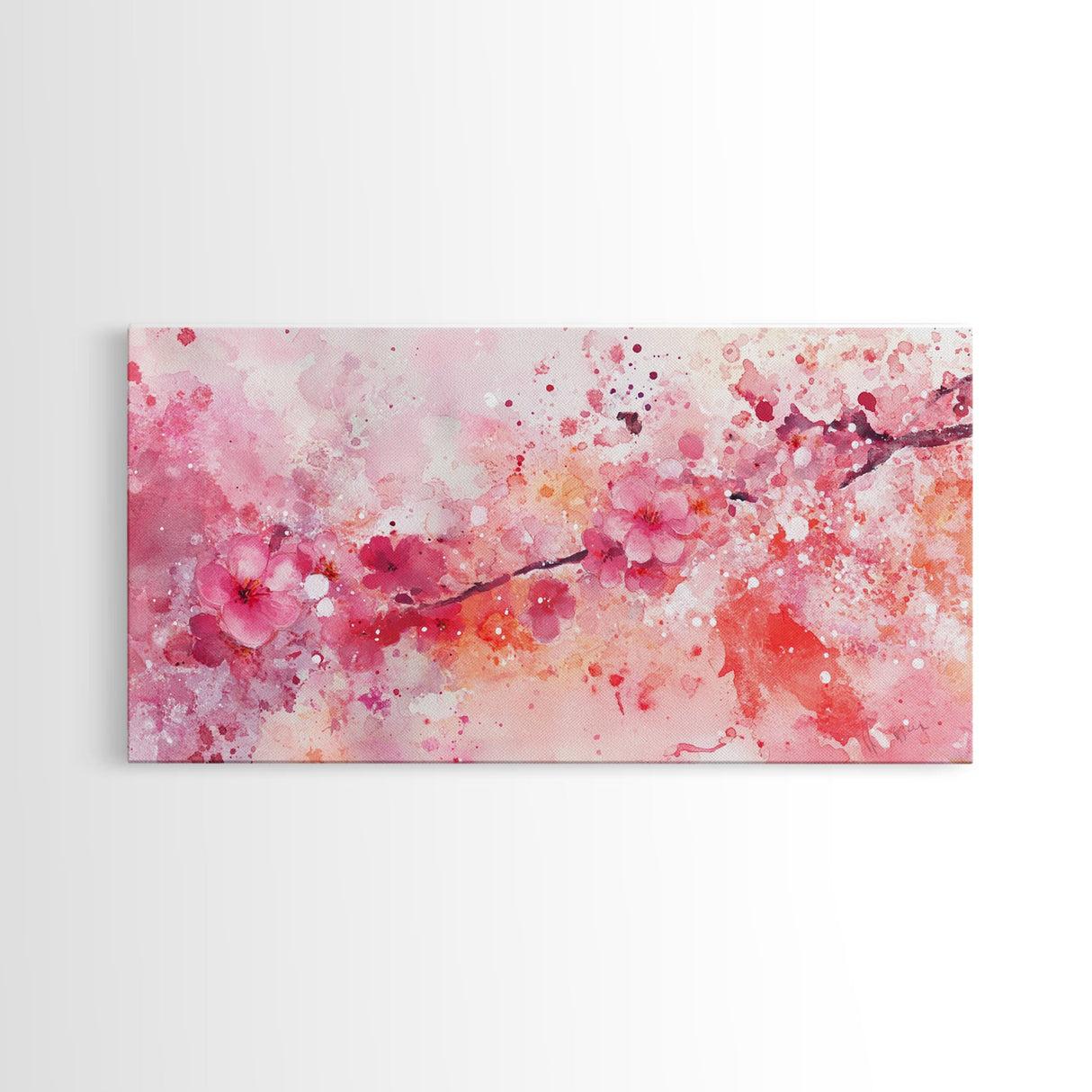 Vibrant Cherry Blossom Canvas Print | Pink Orange Wall Art | Spring Inspired Artwork | Living Room Above Sofa Decor | Horizontal Art