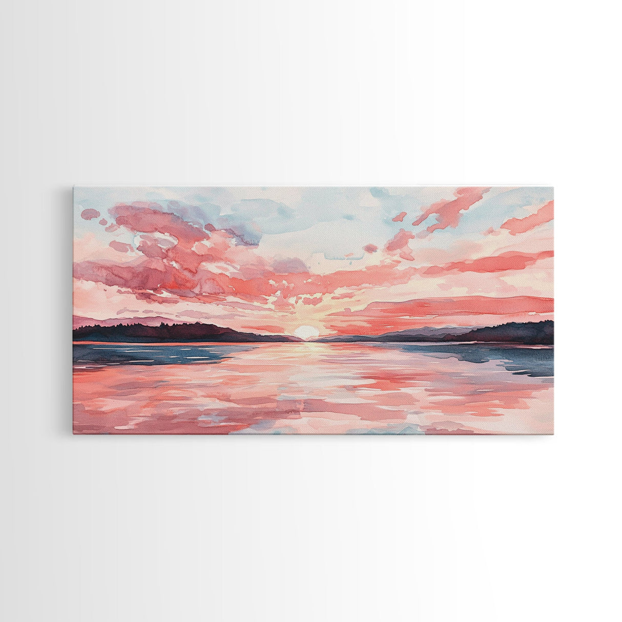 Serene Pink Sunset Canvas Print | Coastal Landscape Art | Nautical Wall Decor | Bedroom Above Bed Art | Horizontal Panoramic Artwork