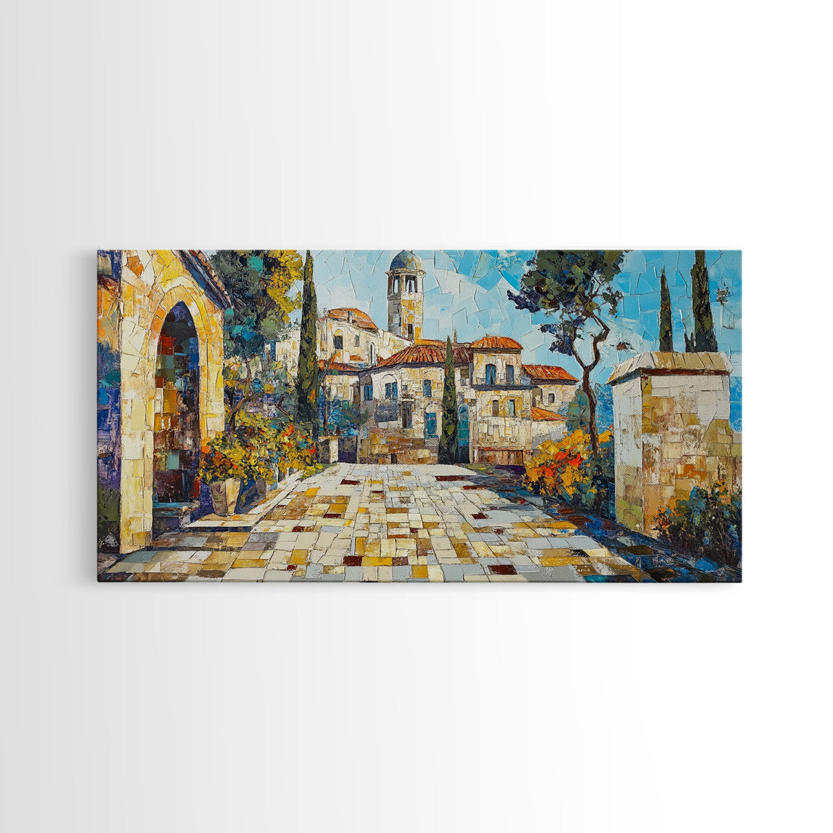Mediterranean Village Mosaic Framed Canvas Print - Vibrant Coastal Landscape Art - Nautical Decor Living Room Rustic Wall Art