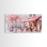 Parisian Café Scene Framed Canvas Print, Cherry Blossom Painting, European Street Art, Romantic Wall Art, Living Room Decor